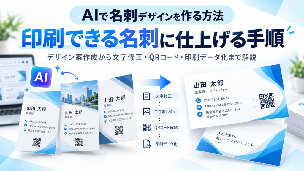 AIで名刺デザインを作り、文字修正・QRコード確認・印刷データ化まで仕上げる手順を示したアイキャッチ画像。