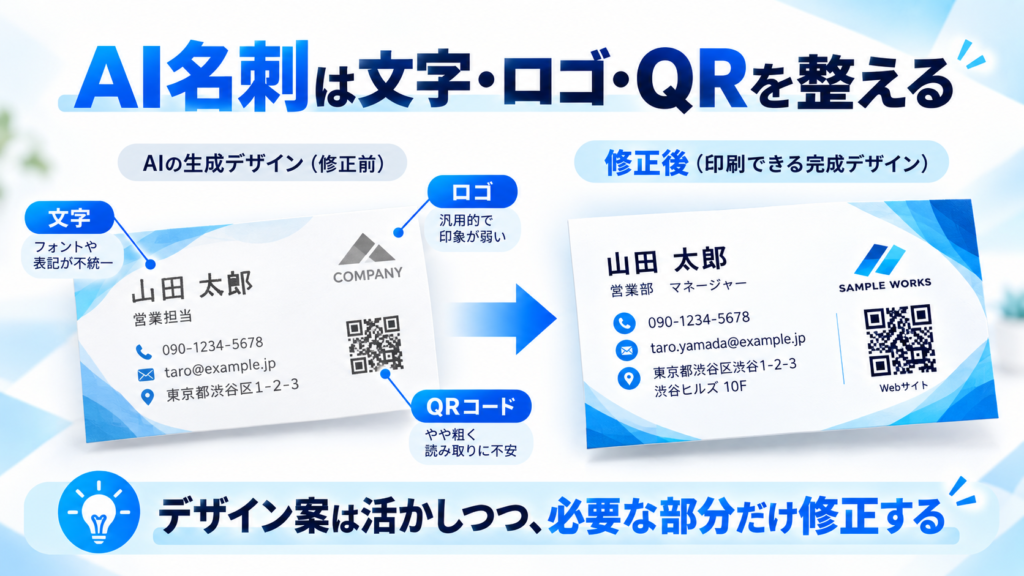 AIで作った名刺の文字・ロゴ・QRコードを整え、印刷できるデータへ修正したビフォーアフター比較。