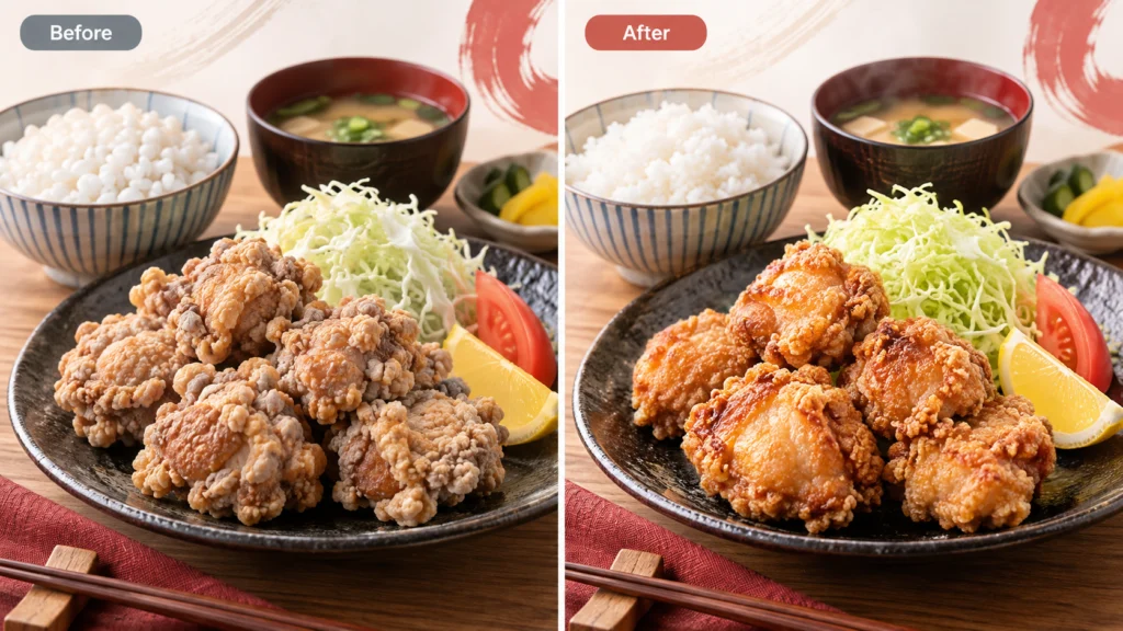 AIで作った不自然な唐揚げ定食を自然で美味しそうな料理画像へ修正したビフォーアフター