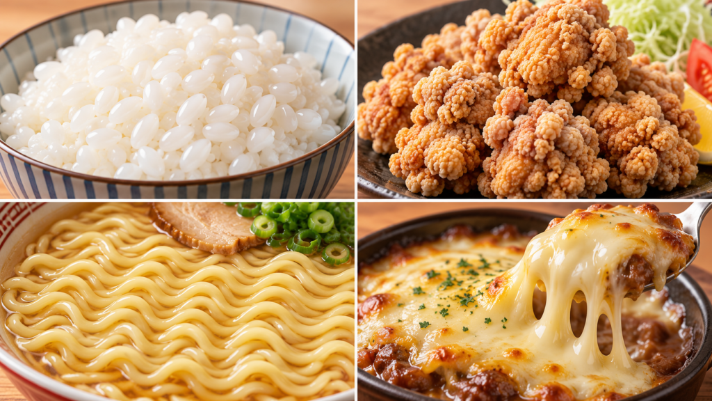 AI料理画像で起こりやすい不自然な白米 唐揚げ 麺 チーズの例