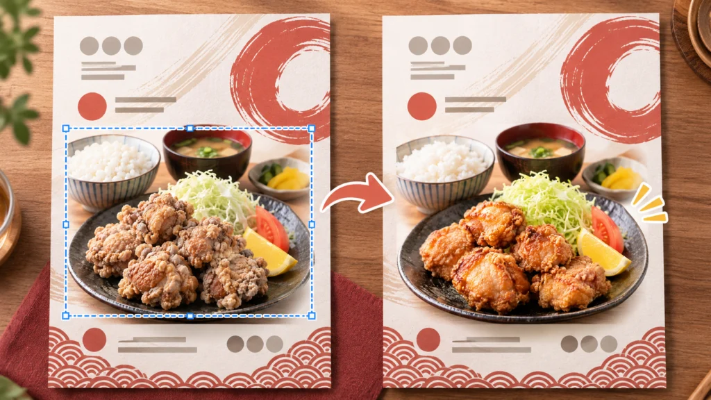 実際の料理に近い自然な唐揚げ定食とメニュー向けに整えた料理画像の比較
