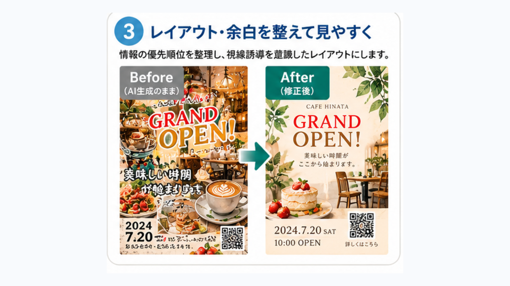 情報を詰め込みすぎたAIポスターのレイアウトを整理し、余白と視線誘導を改善した比較画像。