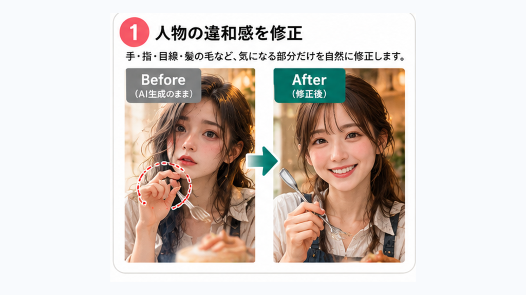AIポスターで不自然になった人物の顔・手・指・目線を部分修正し、自然に整えた比較画像。