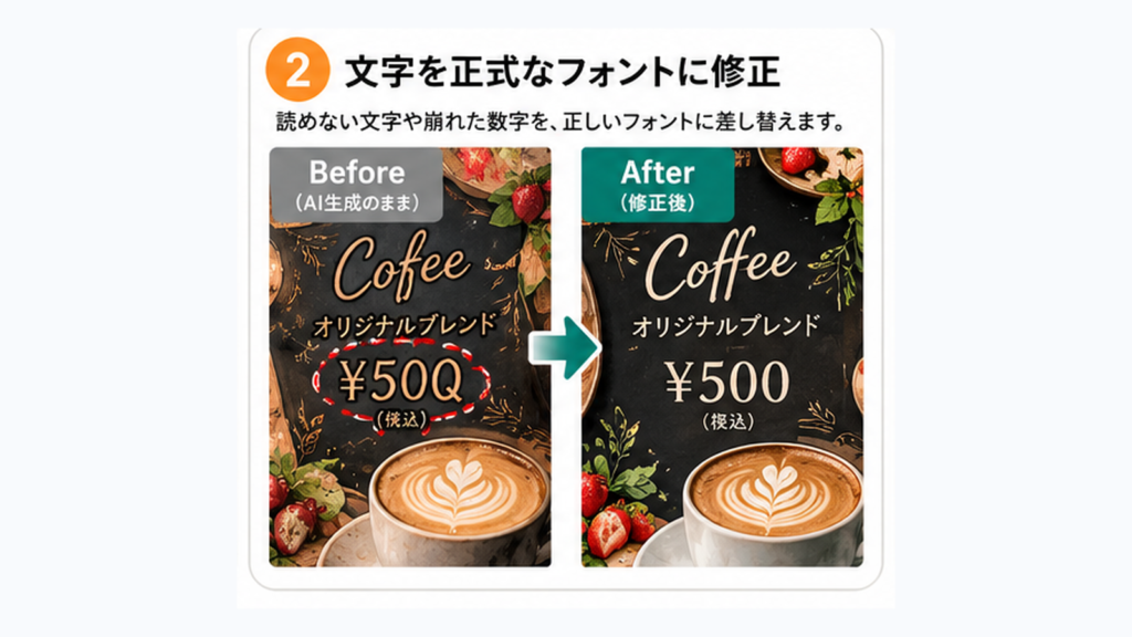 AIが生成した文字化けや崩れた数字を、正式なフォントと正しい文字に修正したビフォーアフター比較。