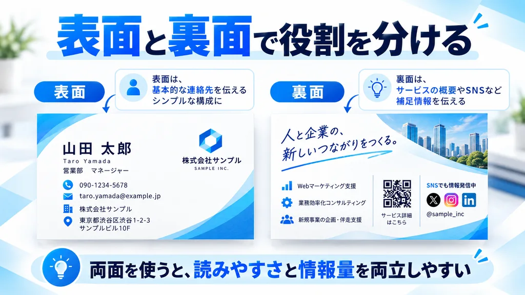 名刺の表面に基本情報、裏面にサービスやSNSなどを配置して役割を分ける方法を示した図。