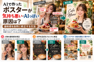 AIで作ったポスターの不自然な人物や文字を修正し、AIっぽい違和感を自然なデザインに整えたビフォーアフター画像。