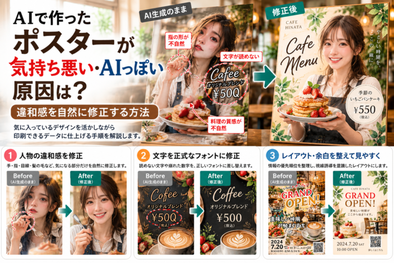 AIで作ったポスターの不自然な人物や文字を修正し、AIっぽい違和感を自然なデザインに整えたビフォーアフター画像。